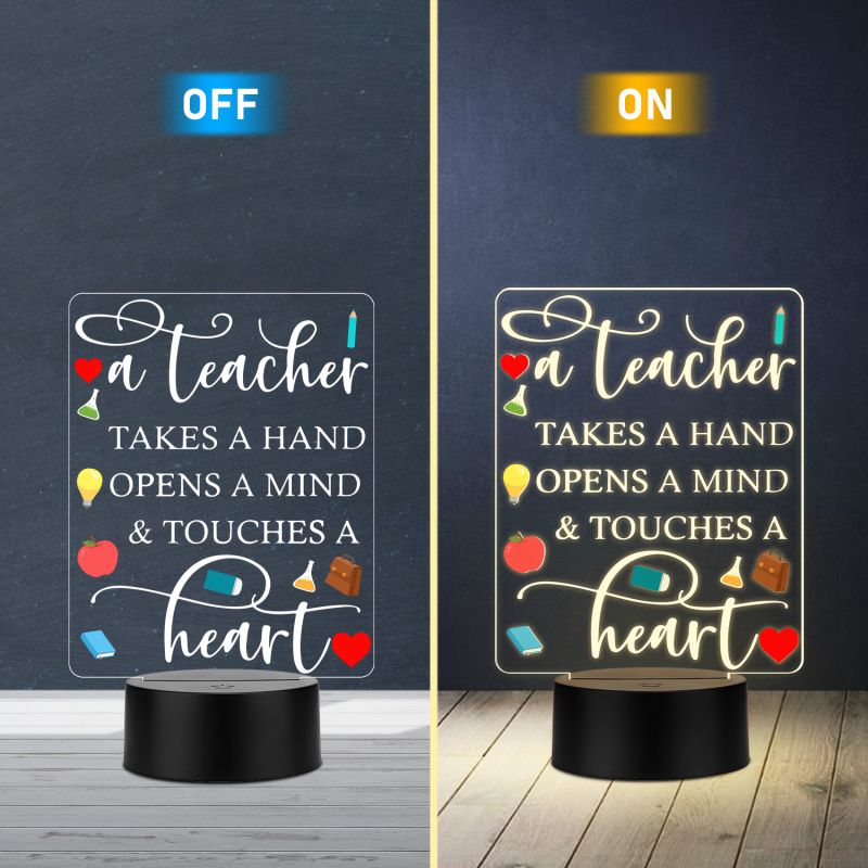 Teacher Appreciation LED Night Light, A Teacher Takes a Hand Opens a Mind Touches a Heart Quote, Warm White Acrylic Lamp with Black Base, Thankyou Gift for Teacher Desk Decor Gift